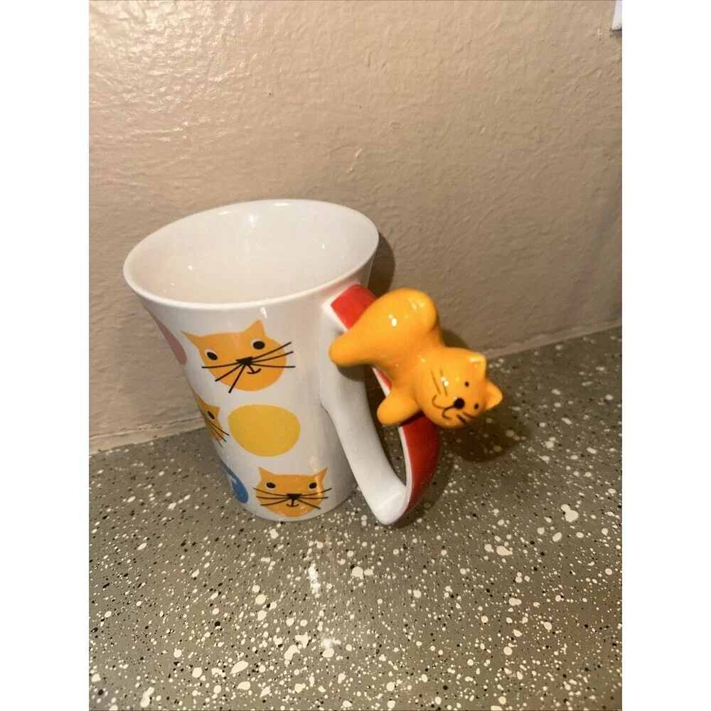 Indra Stoneware‎ Cat Coffee Mug Vintage With Cat On Handle Hand Painted Colorful